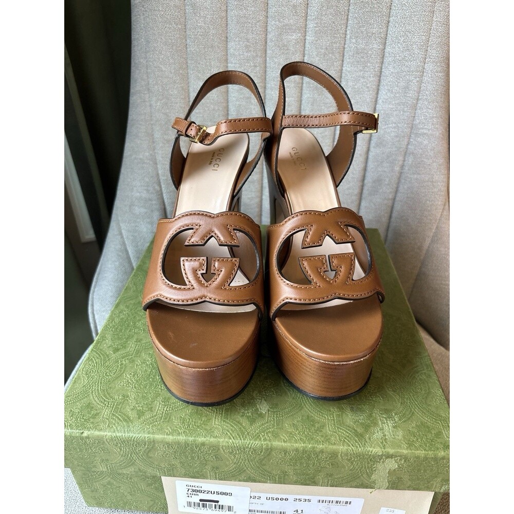 Gucci Brown Leather Platform Sandals Logo Buckle Women's Size 41